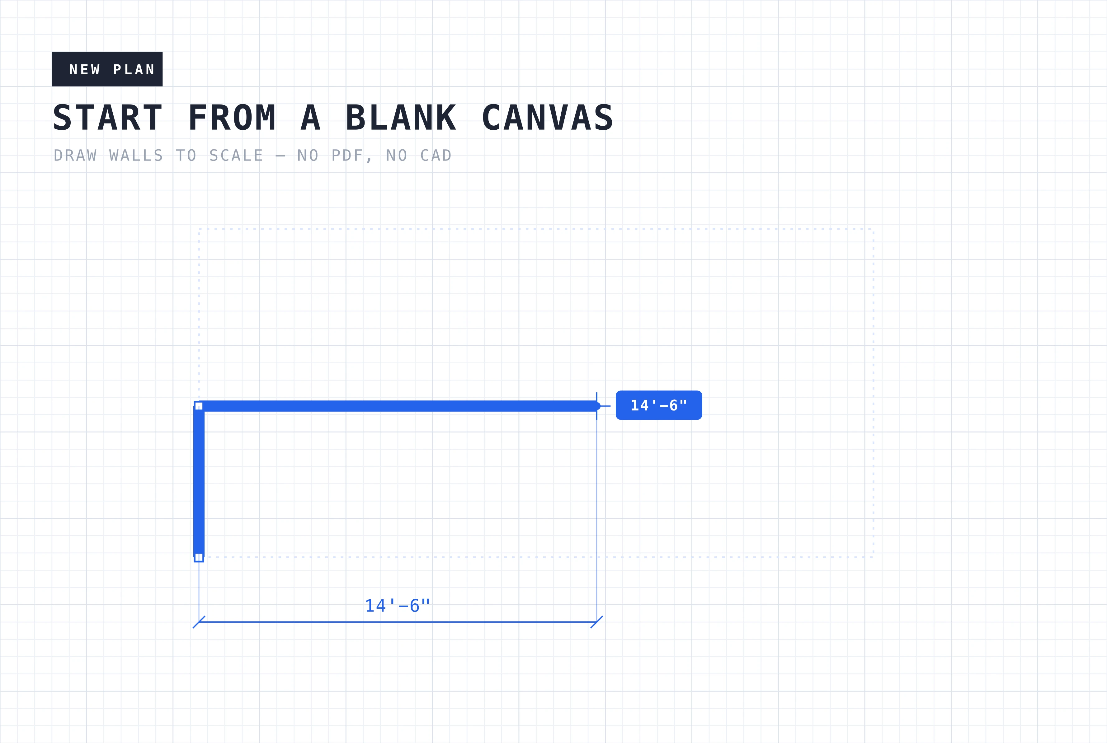 Empty drafting grid with a wall being drawn in blue and a live length readout