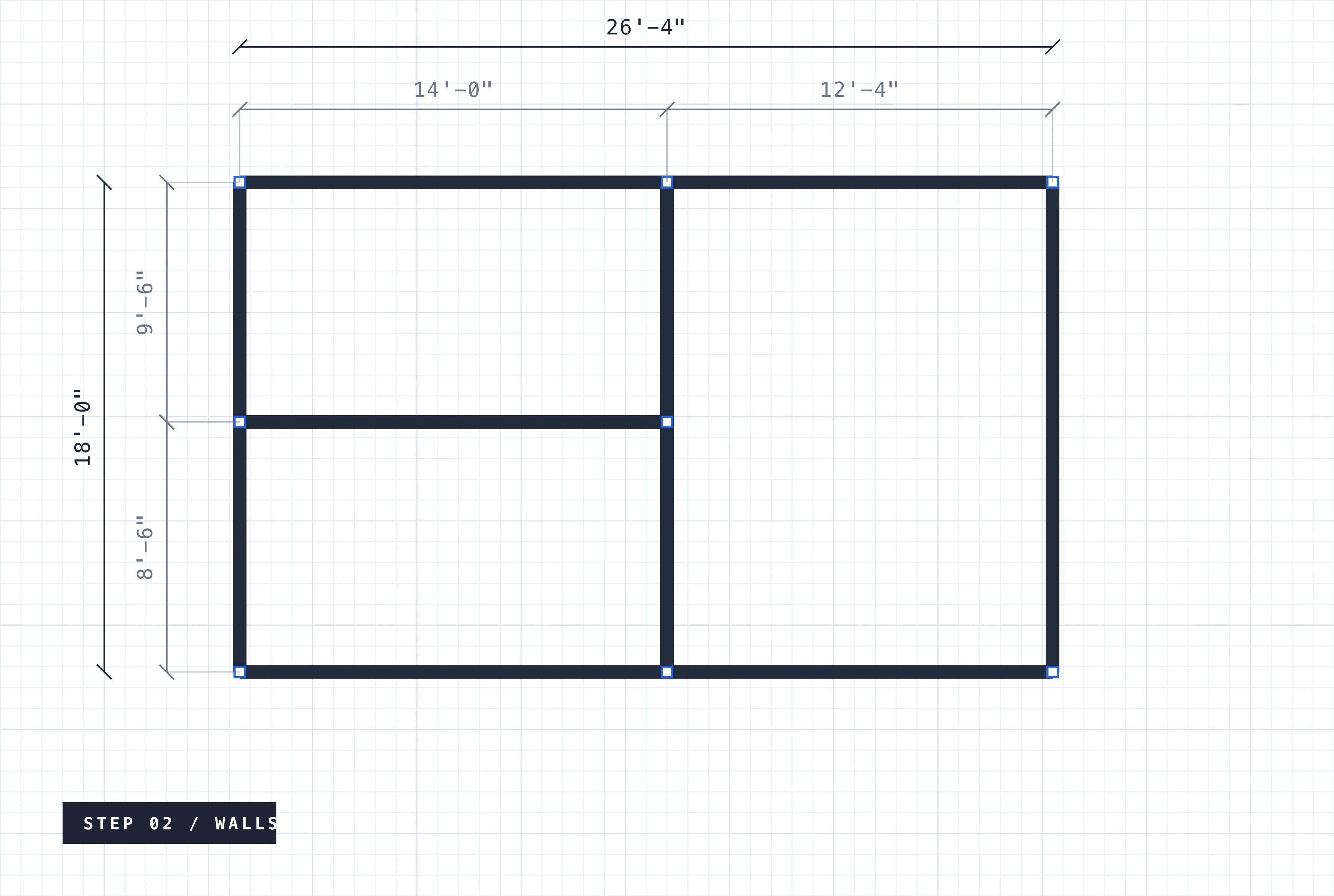 Floor plan walls laid out to scale with snap points and dimension strings