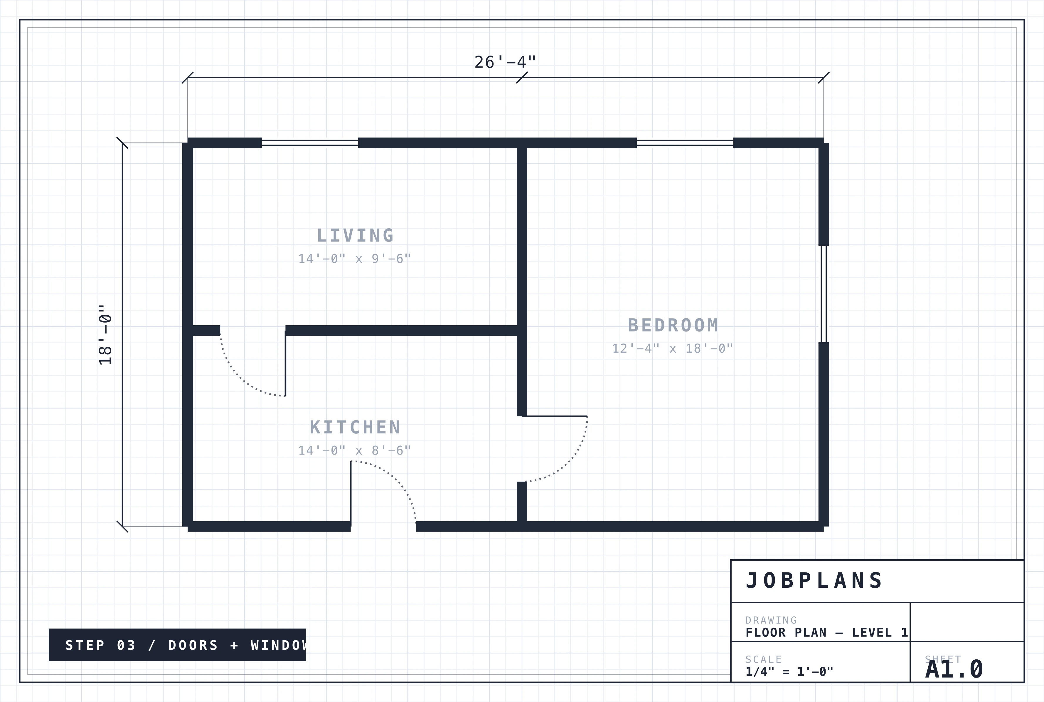 A to-scale floor plan drawn from scratch in JobPlans — walls, doors, windows, room labels, dimensions, and a title block